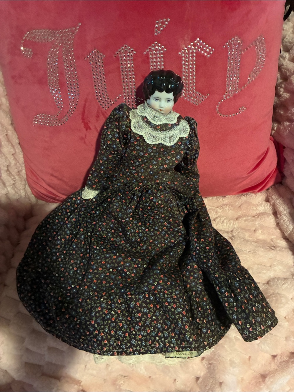 Victorian Vintage Porcelain Doll in Floral Dress - Black with Multicolor Flowers